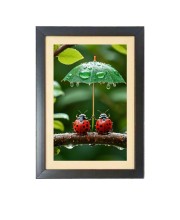 Two cute lady bugs under little umbrella Black Photo Frame Funny Animal and Bird Cartoon Art