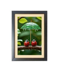 Two cute lady bugs under little umbrella Photo Frame Funny Animal and Bird Cartoon Art, Black color, 19x23 Inch