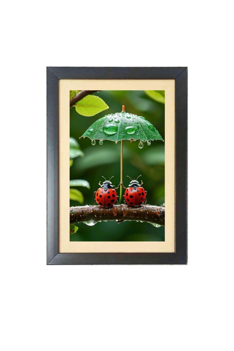 Two cute lady bugs under little umbrella Photo Frame Funny Animal and Bird Cartoon Art, Black color, 19x23 Inch