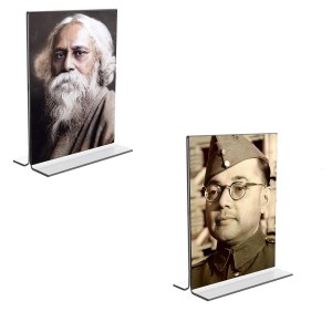 Car Desk/Table Top Sri Rabindranath Tagore and Netaji Subhash Chandra Bose Acrylic T-Style Photo Stand - 2.5x3.5 Inches, Compact and Stylish Spiritual Display, easily change 2 photos (Pack of 1)