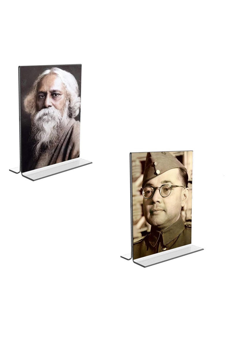 Car Desk/Table Top Sri Rabindranath Tagore and Netaji Subhash Chandra Bose Acrylic T-Style Photo Stand - 2.5x3.5 Inches, Compact and Stylish Spiritual Display, easily change 2 photos (Pack of 1)