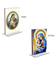 Car Desk/Table Top Mother Mary Acrylic T-Style Photo Stand - 2.5x3.5 Inches, Compact and Stylish Spiritual Display, easily change 2 photos (Pack of 1)