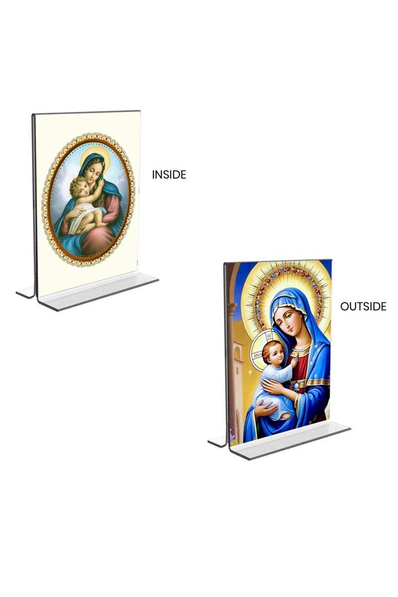 Car Desk/Table Top Mother Mary Acrylic T-Style Photo Stand - 2.5x3.5 Inches, Compact and Stylish Spiritual Display, easily change 2 photos (Pack of 1)