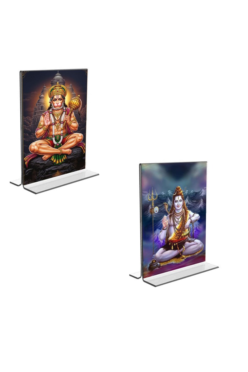 Car Desk/Table Top Sri Hanuman & Lord Shiva Acrylic T-Style Photo Stand - 2.5x3.5 Inches, Compact and Stylish Spiritual Display, easily change 2 photos (Pack of 1)