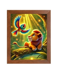AI Funny Lion with Bird Art Picture for Kids - 18x22 inches, Brown Color - Perfect Wall Decor for Children's Room