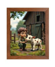AI Funny Boy with Cow Art Picture for Kids - 10x14 inches, Brown Color - Perfect Wall Decor for Children's Room