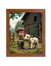 AI Funny Boy with Cow Art Picture for Kids - 12x16 inches, Brown Color - Perfect Wall Decor for Children's Room