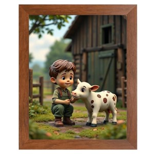 AI Funny Boy with Cow Art Picture for Kids - 14x18 inches, Brown Color - Perfect Wall Decor for Children's Room