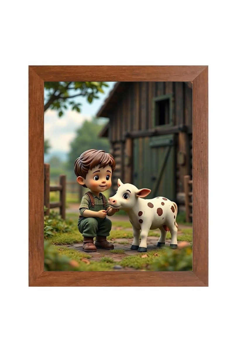 AI Funny Boy with Cow Art Picture for Kids - 14x18 inches, Brown Color - Perfect Wall Decor for Children's Room