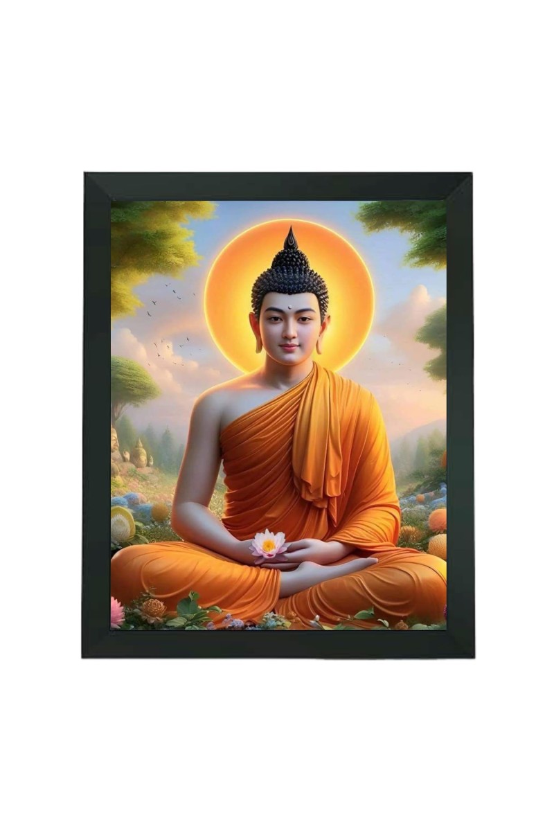 Hitech Sales Lord Gautama Buddha Polystyrene Photo Frame for Pooja Room, Temple Decor, Home Decoration and Gifting (Wall and Tabletop, Rectangular, Printed Photo, 7.12 x 9.12 inches Frame, Black)