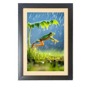 The funny frog is jumping Black Photo Frame Funny Animal and Bird Cartoon Art