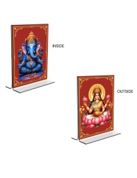Car Desk/Table Top Sri Ganesh & Maa Lakshmi Acrylic T-Style Photo Stand - 2.5x3.5 Inches, Compact and Stylish Spiritual Display, easily change 2 photos (Pack of 1)