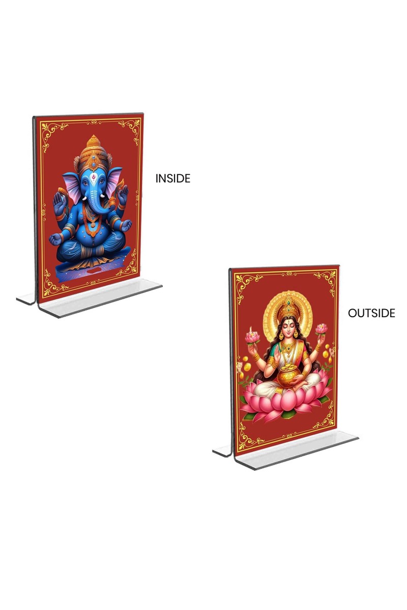 Car Desk/Table Top Sri Ganesh & Maa Lakshmi Acrylic T-Style Photo Stand - 2.5x3.5 Inches, Compact and Stylish Spiritual Display, easily change 2 photos (Pack of 1)