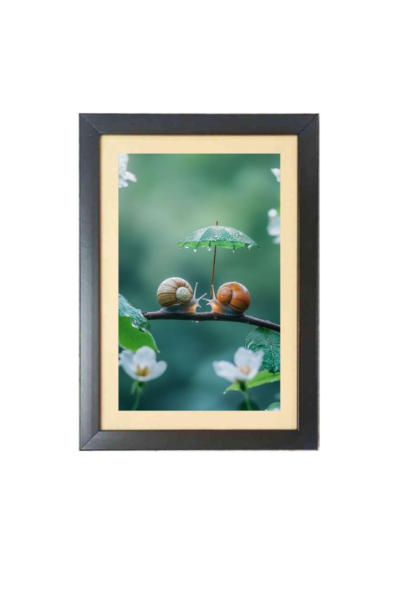 Two cute snails under little umbrella Photo Frame Funny Animal and Bird Cartoon Art, Black color, 19x23 Inch