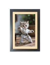 The cute cat is doing karate Photo Frame Funny Animal and Bird Cartoon Art, Black color, 17x21 Inch