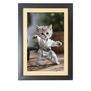The cute cat is doing karate Photo Frame Funny Animal and Bird Cartoon Art, Black color, 19x23 Inch