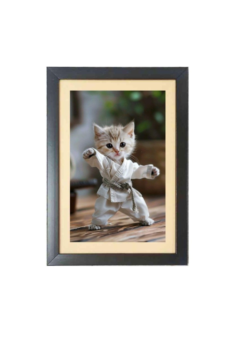 The cute cat is doing karate Black Photo Frame Funny Animal and Bird Cartoon Art