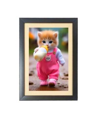 The cute cat is drinking bottle milk Photo Frame Funny Animal and Bird Cartoon Art, Black color, 15x19 Inch