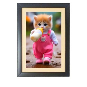 The cute cat is drinking bottle milk Black Photo Frame Funny Animal and Bird Cartoon Art