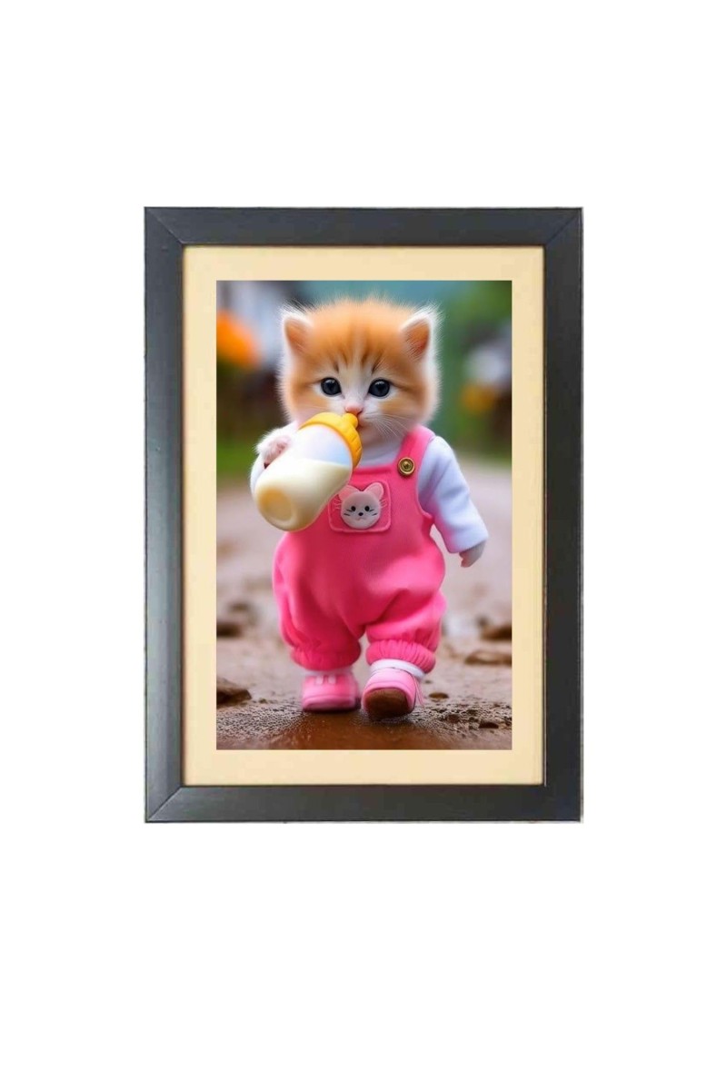 The cute cat is drinking bottle milk Black Photo Frame Funny Animal and Bird Cartoon Art