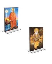Car Desk/Table Top Swami Vivekananda & Guru Nanak Acrylic T-Style Photo Stand - 2.5x3.5 Inches, Compact and Stylish Spiritual Display, easily change 2 photos (Pack of 1)