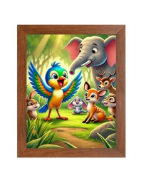 AI Funny Cute Elephant, Rabbit With Birds Art Picture for Kids - 12x16 inches, Brown Color - Perfect Wall Decor for Children's Room