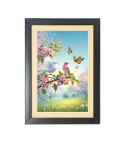 The colorful birds sit on the branch Black Photo Frame Funny Animal and Bird Cartoon Art