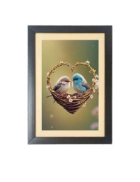 Love birds in a heart shaped nest Photo Frame Funny Animal and Bird Cartoon Art, Black color, 13x17 Inch