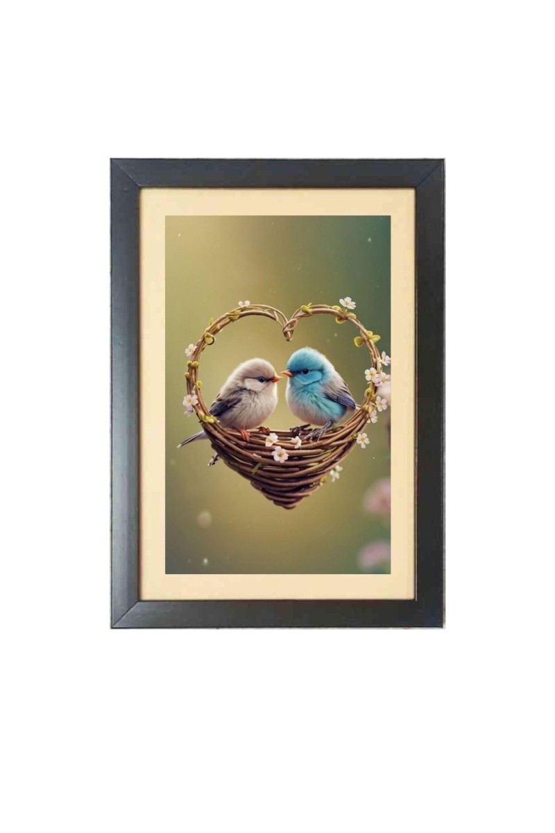 Love birds in a heart shaped nest Black Photo Frame Funny Animal and Bird Cartoon Art