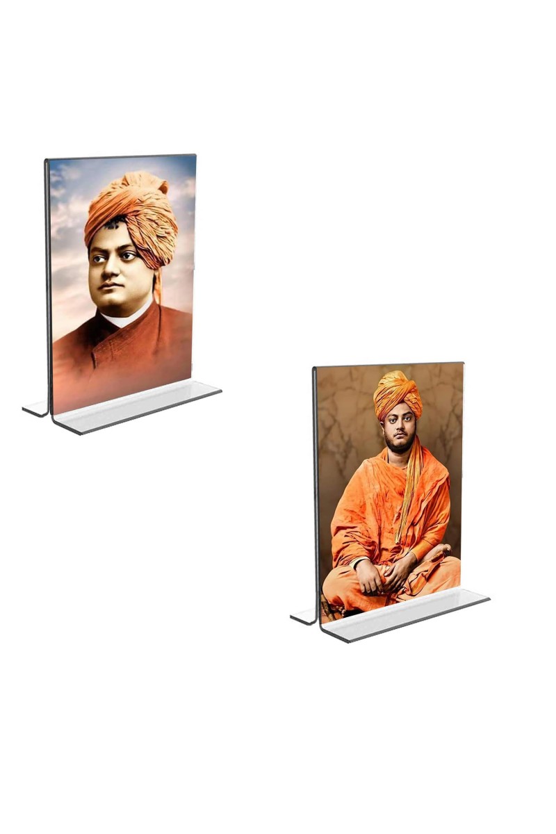 Car Desk/Table Top Swami Vivekananda Acrylic T-Style Photo Stand - 2.5x3.5 Inches, Compact and Stylish Spiritual Display, easily change 2 photos (Pack of 1)