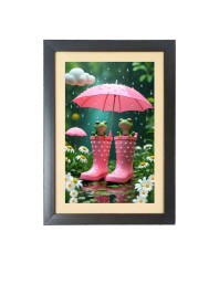 The two funny frogs under umbrella Photo Frame Funny Animal and Bird Cartoon Art, Black color, 17x21 Inch