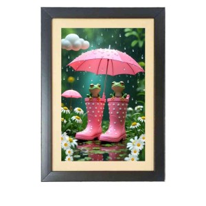 The two funny frogs under umbrella Photo Frame Funny Animal and Bird Cartoon Art, Black color, 13x17 Inch
