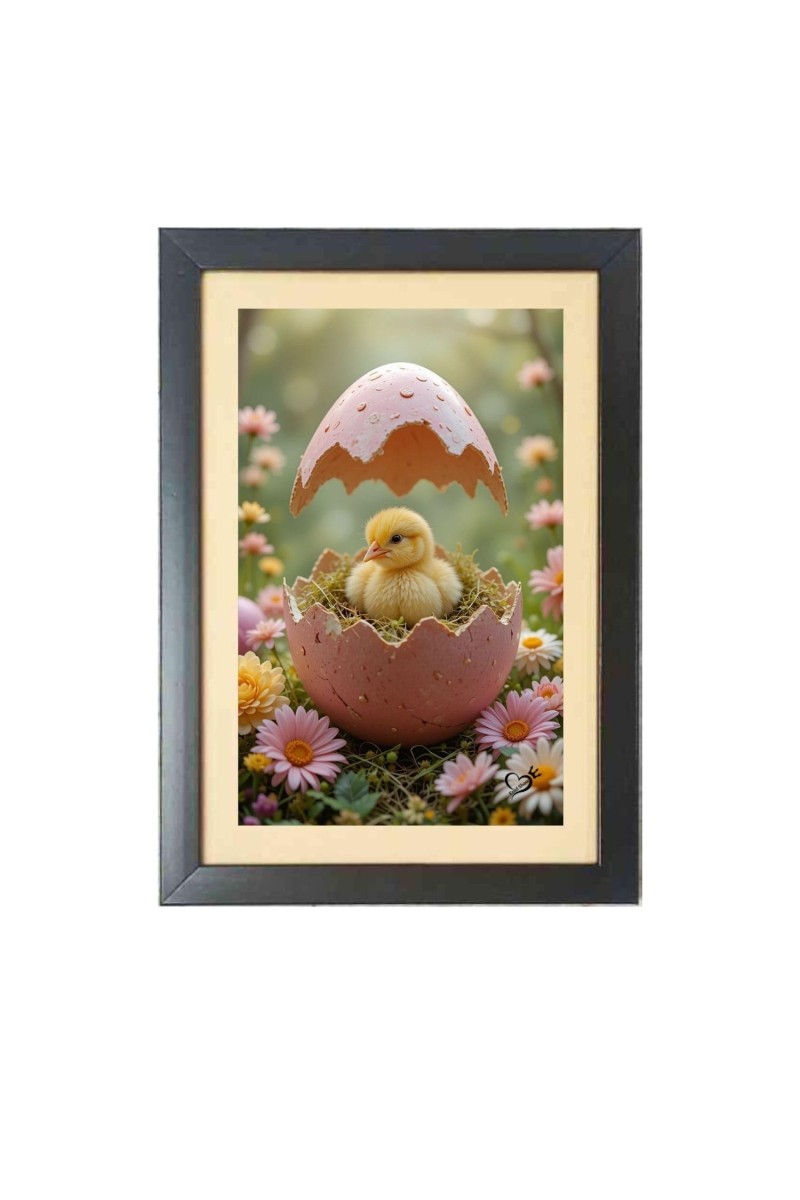 The cute chick is coming out of egg Black Photo Frame Funny Animal and Bird Cartoon Art