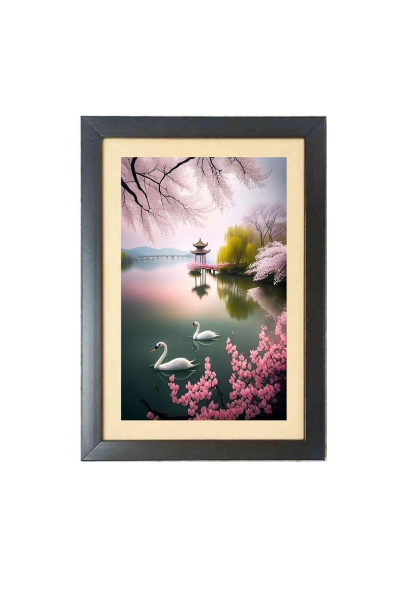 Two beautiful swans gracefully gliding in lovely nature Black Photo Frame Funny Animal and Bird Cartoon Art