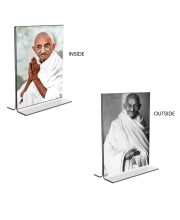 Car Desk/Table Top Mahatma Gandhi Acrylic T-Style Photo Stand - 2.5x3.5 Inches, Compact and Stylish Spiritual Display, easily change 2 photos (Pack of 1)