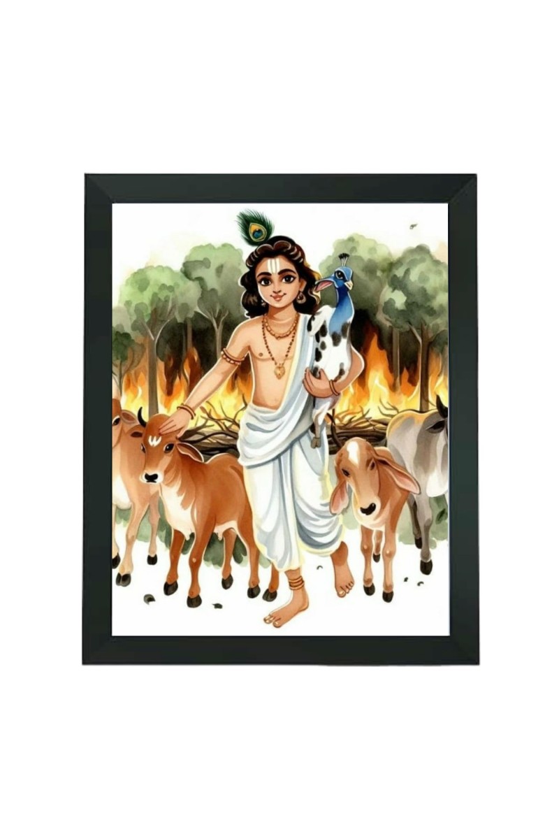 Hitech Sales Bhagwan Krishna Polystyrene Photo Frame for Pooja Room, Temple Decor, Home Decoration and Gifting (Wall and Tabletop, Rectangular, Printed Photo, 7.12 x 9.12 inches Frame, Black)