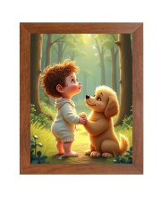AI Funny Boy with Cute Dog Art Picture for Kids - 10x14 inches, Brown Color - Perfect Wall Decor for Children's Room