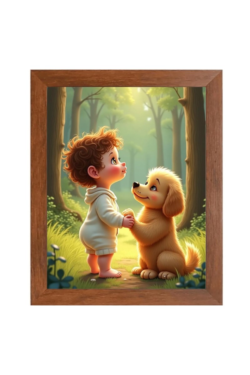AI Funny Boy with Cute Dog Art Picture for Kids - 14x18 inches, Brown Color - Perfect Wall Decor for Children's Room