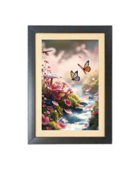 The beautiful butterfly fluttered near the flowers Photo Frame Funny Animal and Bird Cartoon Art, Black color, 17x21 Inch