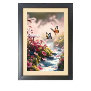 The beautiful butterfly fluttered near the flowers Photo Frame Funny Animal and Bird Cartoon Art, Black color, 17x21 Inch