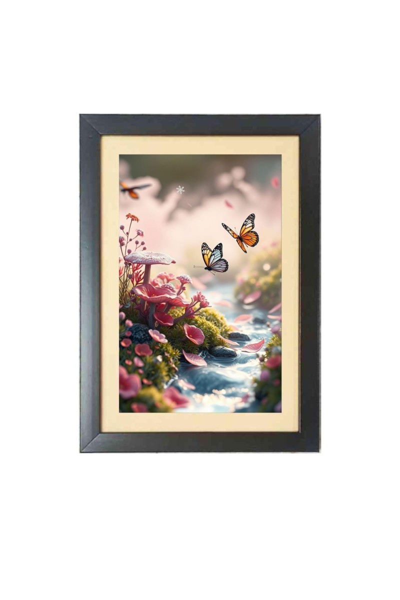 The beautiful butterfly fluttered near the flowers Black Photo Frame Funny Animal and Bird Cartoon Art