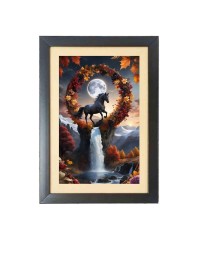 The horse stood under the glowing moon Photo Frame Funny Animal and Bird Cartoon Art, Black color, 17x21 Inch