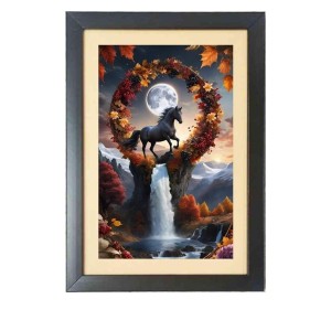 The horse stood under the glowing moon Photo Frame Funny Animal and Bird Cartoon Art, Black color, 17x21 Inch The horse stood under the glowing moon Photo Frame Funny Animal and Bird Cartoon Art, Black color, 17x21 Inch