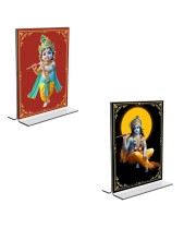 Car Desk/Table Top Lord Krishna Acrylic T-Style Photo Stand - 2.5x3.5 Inches, Compact and Stylish Spiritual Display, easily change 2 photos (Pack of 1)