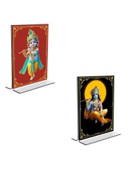Car Desk/Table Top Lord Krishna Acrylic T-Style Photo Stand - 2.5x3.5 Inches, Compact and Stylish Spiritual Display, easily change 2 photos (Pack of 1)