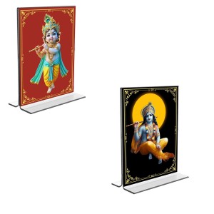 Car Desk/Table Top Lord Krishna Acrylic T-Style Photo Stand - 2.5x3.5 Inches, Compact and Stylish Spiritual Display, easily change 2 photos (Pack of 1)