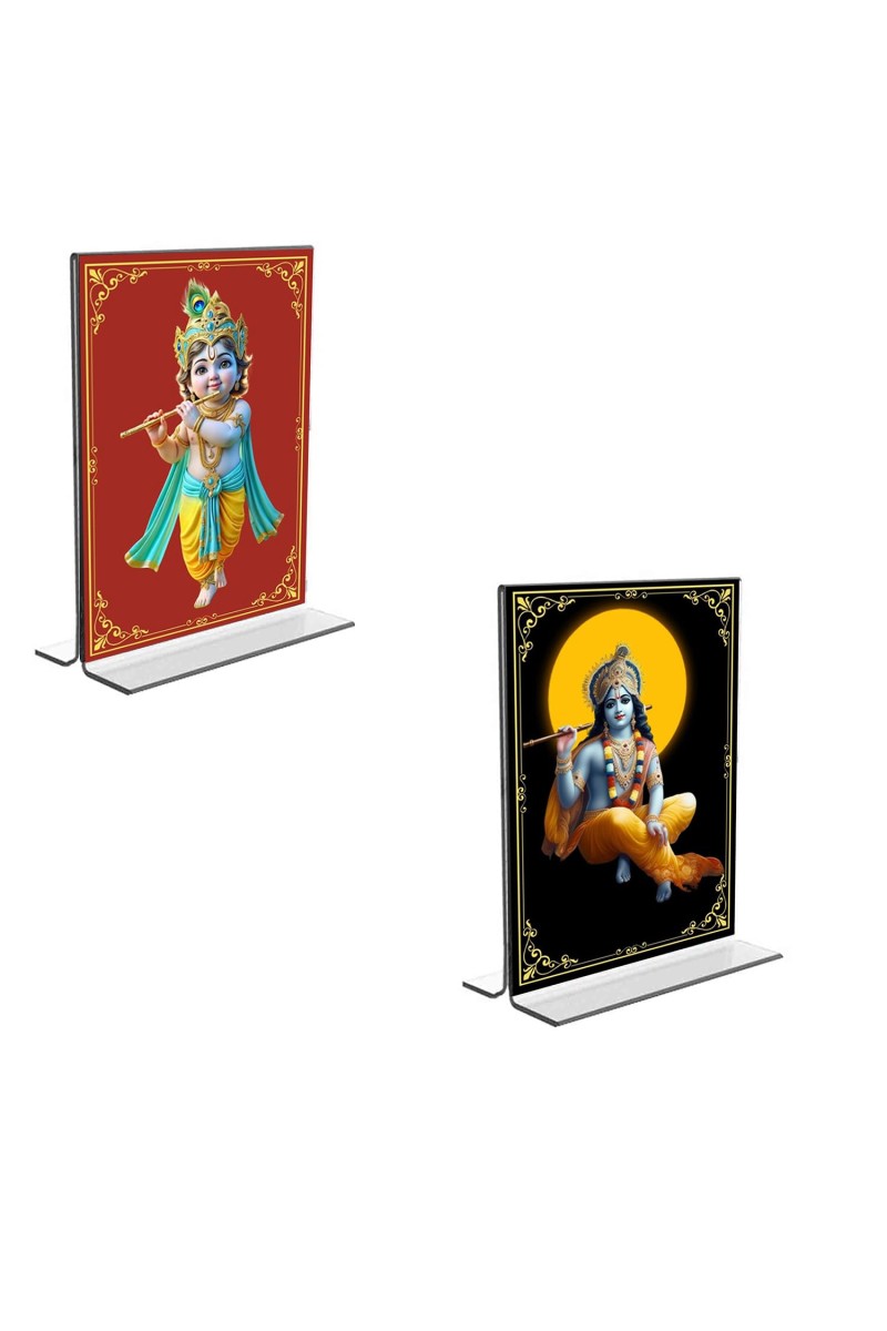 Car Desk/Table Top Lord Krishna Acrylic T-Style Photo Stand - 2.5x3.5 Inches, Compact and Stylish Spiritual Display, easily change 2 photos (Pack of 1)