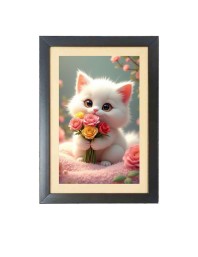 The cute cat is holding flowers Photo Frame Funny Animal and Bird Cartoon Art, Black color, 13x17 Inch