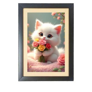 The cute cat is holding flowers Photo Frame Funny Animal and Bird Cartoon Art, Black color, 13x17 Inch
