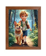 AI Funny Boy With Cute Dog Art Picture for Kids - 10x14 inches, Brown Color - Perfect Wall Decor for Children's Room